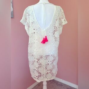 Xhilaration white floral Crochet bathing suit cover up hot pink tassels NWT LG